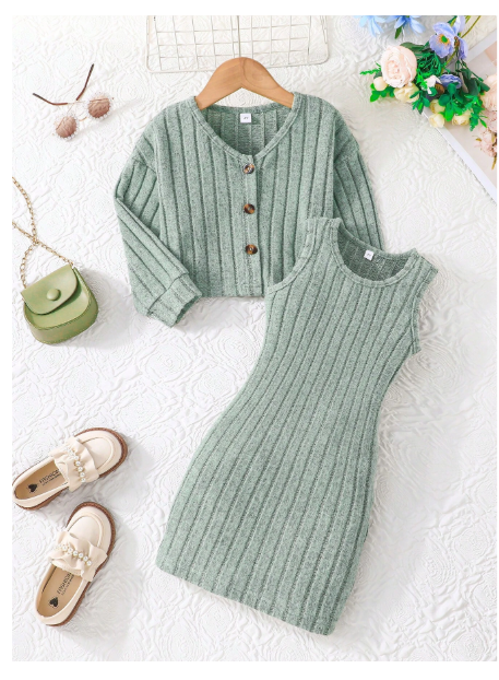 2pcs/Set Young Girls Casual Fashion Cute Lady Spring Autumn New Solid Color Big Stripe Button Jacket