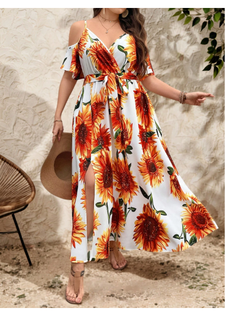 Plus Size Women Sunflower Print Adjustable Spaghetti Strap Open Shoulder Slit Carousel 3