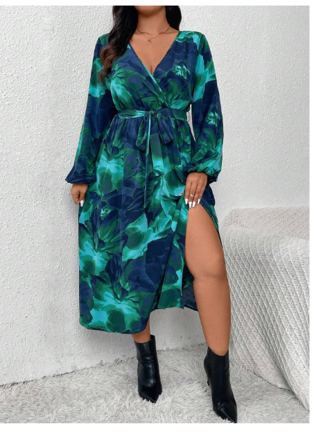 Plus Size Autumn Long Sleeve Dress With High Slit & Floral Print Carousel 5