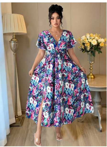 Plus Tropical Print Butterfly Sleeve Dress Maxi Women Outfit Carousel 4