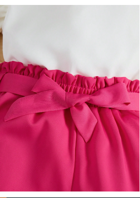 Young Girl Bow Front Ruffle Trim Top & Paperbag Waist Pants Carousel 2