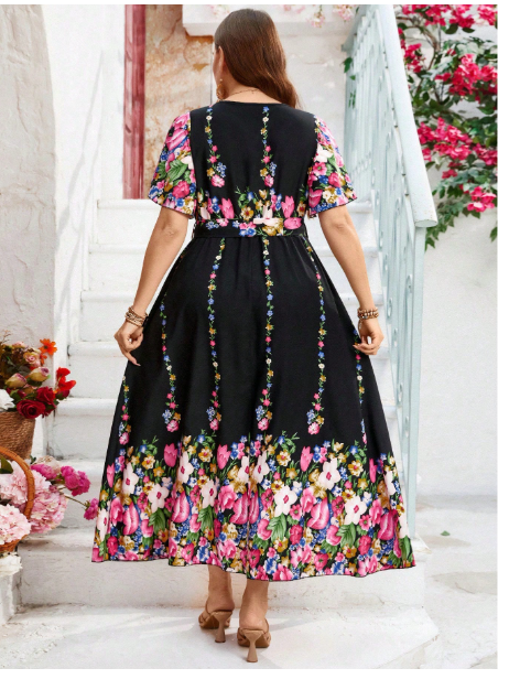 Plus Size Women Boho Floral Print Ruffle Butterfly Sleeve Self-Tie Woven Carousel 1