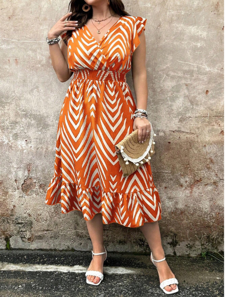 Plus Size Summer Women's Herringbone Print Overlapping V-Neck Cap Sleeves Long Elegant Dress