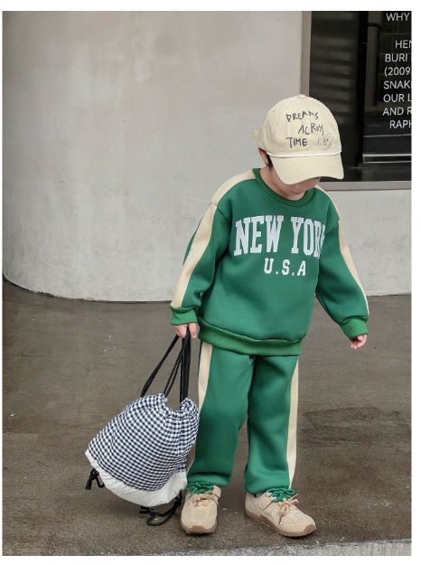 2pcs/Set Young Boy Casual Letter Slogan Color Block Round Neck Long Sleeve Sweatshirt And Pants Carousel 6