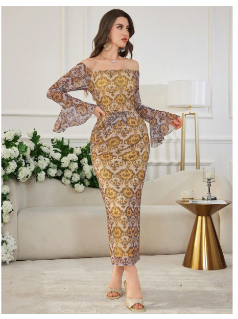 Women's Long Pattern Ruched Off Shoulder Mesh Slim-Fit Elegant Charm Dress Carousel 2