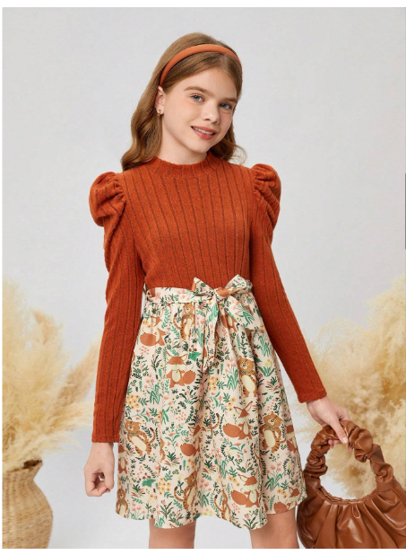 ween Girl Casual Vintage Elegant Knitted Rib Patchwork Ditsy Floral Puff Sleeve Belted A-Line Long Dress Carousel 4