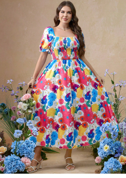 Plus Size Women Elegant Floral Print Short Sleeve Maxi Dress Carousel 5