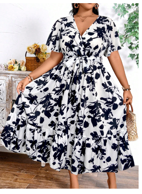 Plus Size Holiday Floral Print Dress Maxi Women Outfit