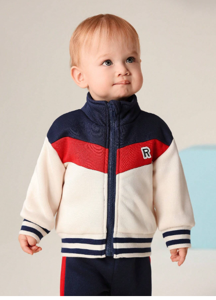 2pcs Baby Boys Blue-Red-White Colorblock Zipper Jacket And Pants  Carousel 3