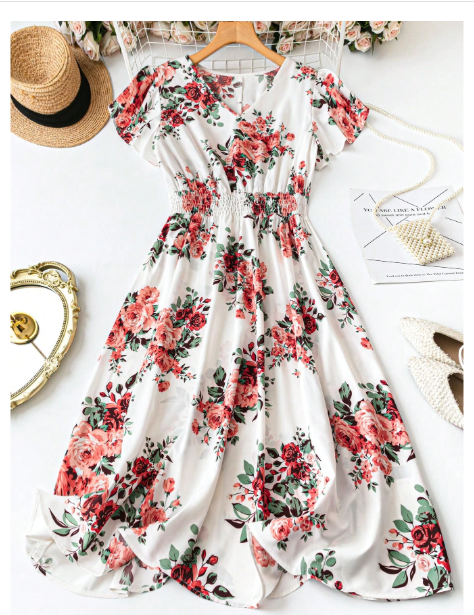Plus Size Boho Floral Print Surplice Neck Dress