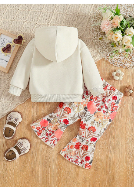 Baby Girls 2 Pieces/Set Of Stylish And Elegant Floral Hoodie + Flared Pants Carousel 2