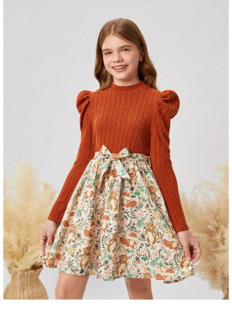 ween Girl Casual Vintage Elegant Knitted Rib Patchwork Ditsy Floral Puff Sleeve Belted A-Line Long Dress Carousel 3