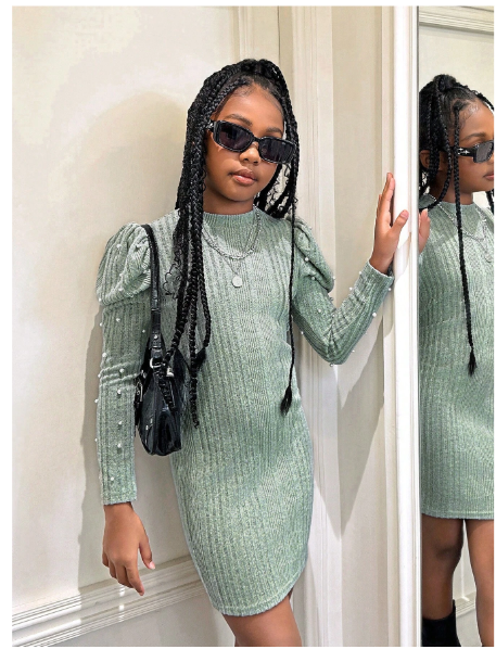 Tween Girls' Casual Solid Color Knitted Stand Collar Long Sleeve Dress