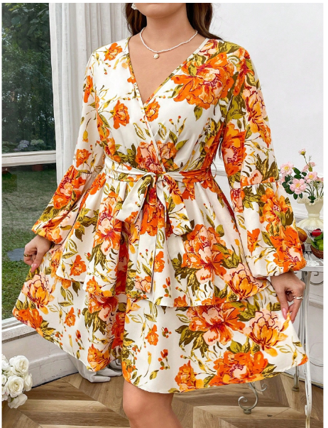 Plus Size Women Floral Print Lantern Sleeve Elegant Dress 