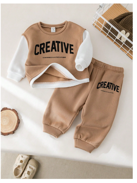 2pcs Baby Boy/Girl Casual Loose 2 In 1 Letter Graphic Sweatshirt & Pants Set Carousel 7