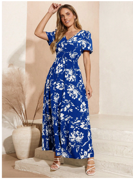 Women Short Sleeve V-Neck Simple Fashion Dress Carousel 1