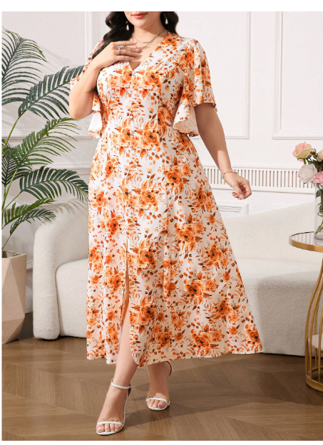 Plus Size Women's V-Neck Orange Floral Print Slim Fit Long Dress Carousel 2