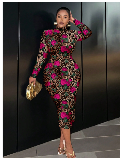 Plus Size Long Sleeve Round Neck Fitted Long Floral Leopard Print Dress