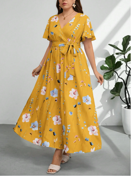 Plus Size Women V-Neck Loose Fit Drawstring Waist Slit Print Carousel 2