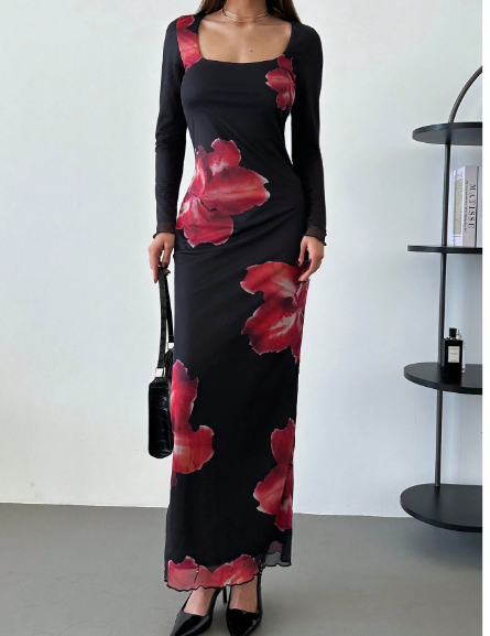 Floral Net Mesh Print Long Sleeve Square Neck