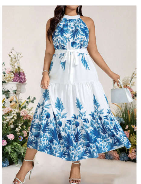  Plus Size Women Elegant Halter Backless Bohemian Floral Print Dress Carousel 6