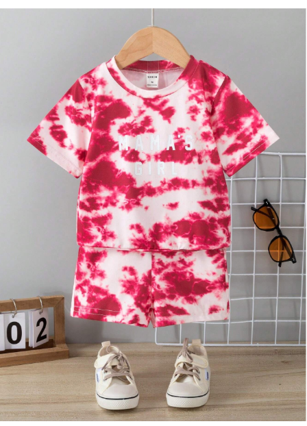 Young Girl Summer Casual Tie-Dye Letter Printed Short Sleeve T-Shirt And Shorts Set Carousel 1