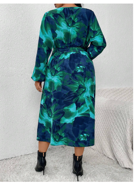 Plus Size Autumn Long Sleeve Dress With High Slit & Floral Print Carousel 2
