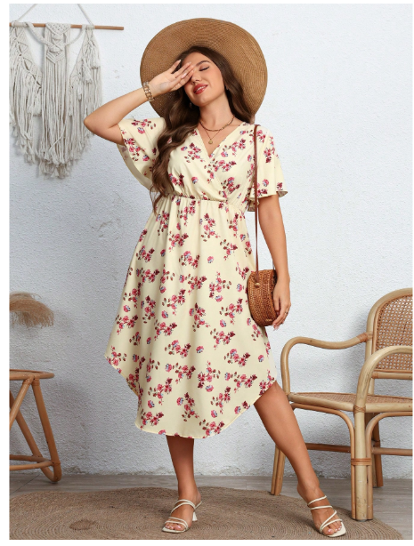 Plus Size Women V-Neck Waist Fit Floral Printed Flare Sleeve