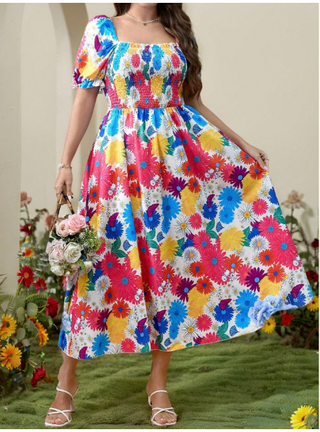 Plus Size Women Elegant Floral Print Short Sleeve Maxi Dress