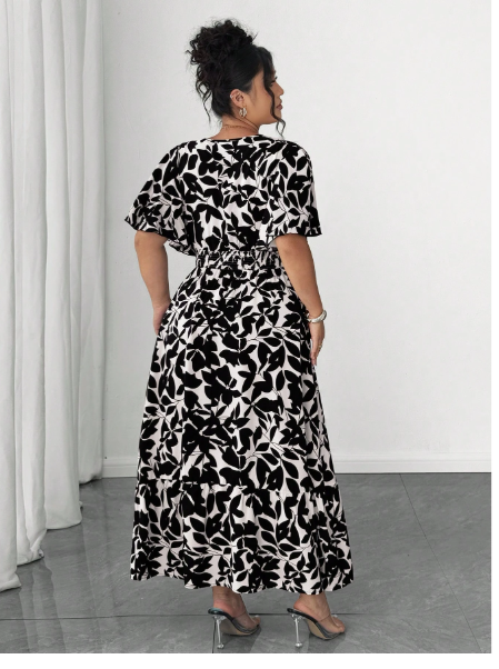 Plus Size Women's Casual Elegant Dual-Color Floral Print Waist-Cinched V-Neck Ruffle Sleeve Maxi Dress Carousel 1