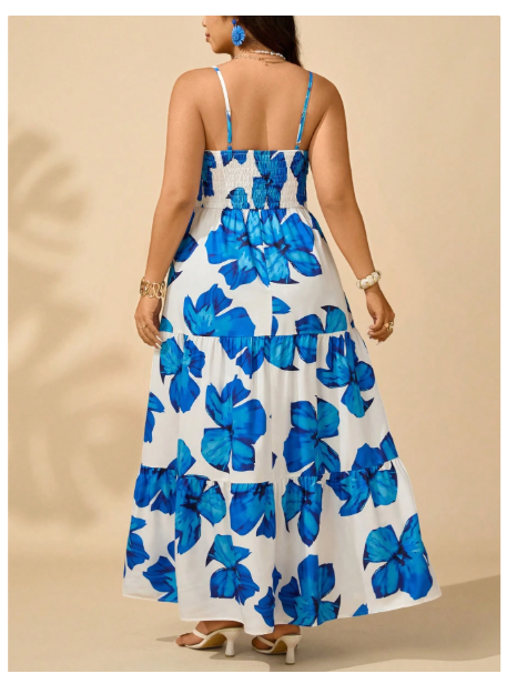 Plus Size Women's Open Shoulder Sleeveless A-Line Dress With Floral Print Carousel 1