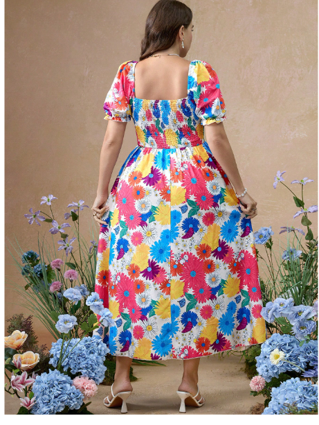Plus Size Women Elegant Floral Print Short Sleeve Maxi Dress Carousel 1