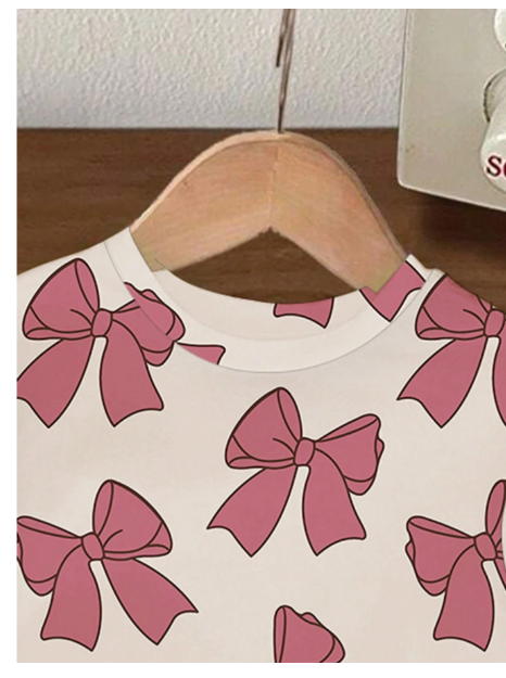 Baby Girl Summer Casual Bow & Print Short Sleeve Top And Flared Pants Set Carousel 4