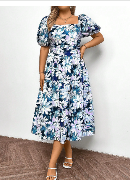 Plus Size Women Fashion All-Over Floral Print Square Neck Ruched Short Sleeve Dress Carousel 4