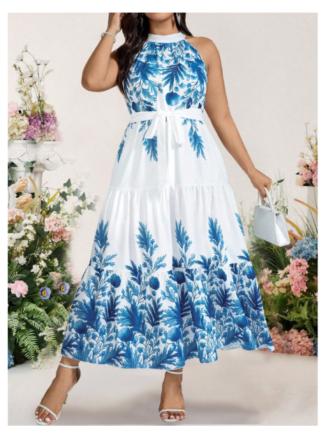  Plus Size Women Elegant Halter Backless Bohemian Floral Print Dress