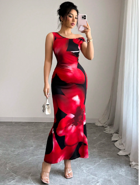 Floral Print Off-The-Shoulder Waist Shaping Fitted Dress