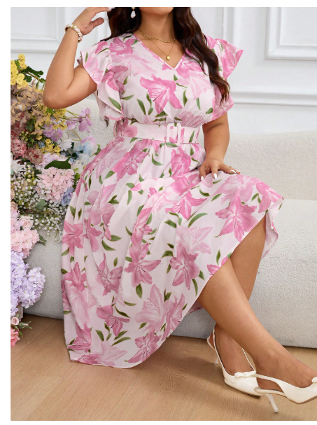 Plus Size Women Elegant Floral All-Over Print Ruffle Hem Dress For Summer Carousel 5
