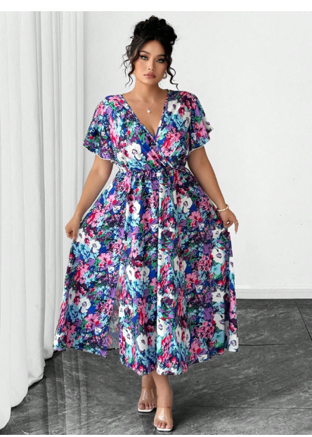 Plus Tropical Print Butterfly Sleeve Dress Maxi Women Outfit Carousel 3