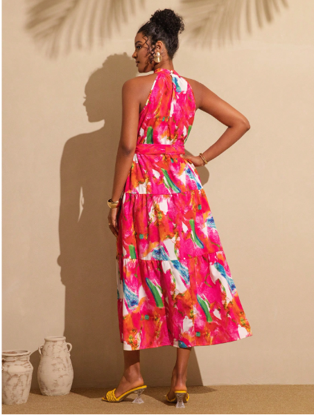 Women's Tie-Dye Floral Print Ruffle Hem Halter Neck Vacation Dress Carousel 1