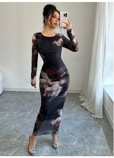 Round Neck Fitted Angel Doll Print Women Dress Carousel 7
