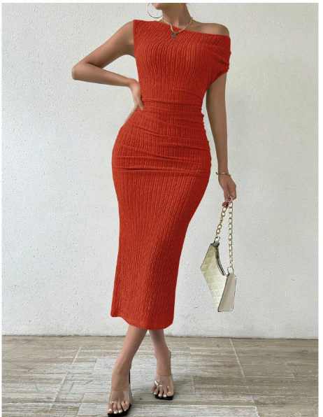 Women's Summer Solid Color Sleeveless Asymmetric Collar Pleated Bodycon