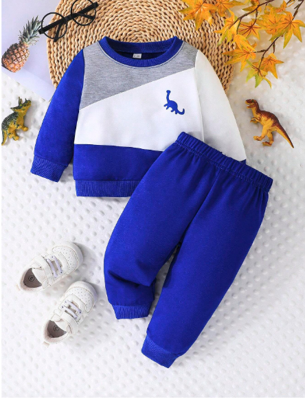 Baby Boy Animal Print Patchwork Long Sleeve Sweatshirt And Elastic Waist Solid Color Pants Set