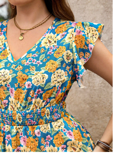 Plus Size Maxi Dress Floral Print Dress Ruffle Sleeves V-Neck Waist Dress Long Dress Carousel 5