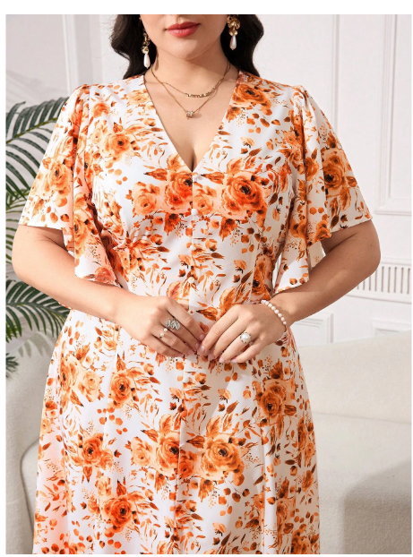 Plus Size Women's V-Neck Orange Floral Print Slim Fit Long Dress