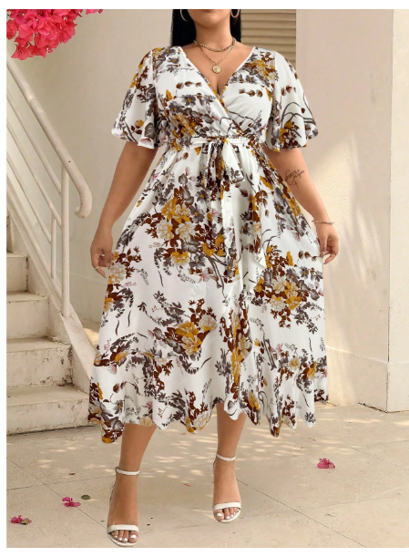 Clasi Plus Floral Print Butterfly Sleeve Belted Dress Maxi Women Outfit Carousel 2