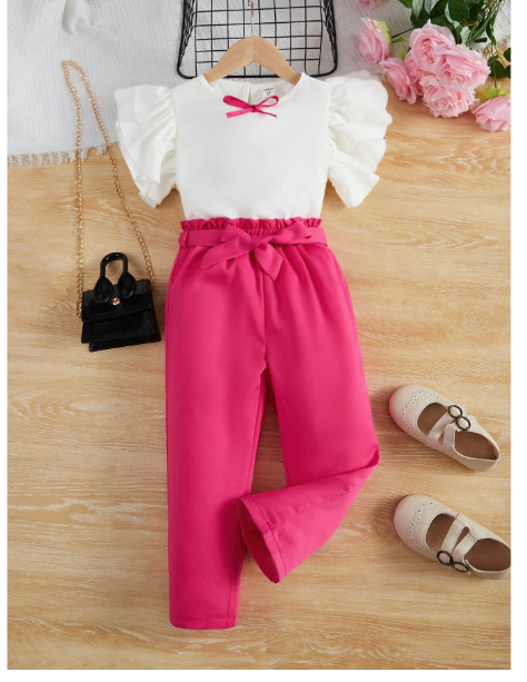 Young Girl Bow Front Ruffle Trim Top & Paperbag Waist Pants