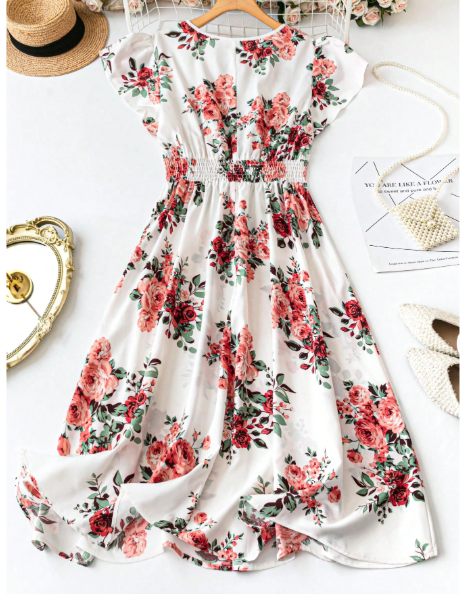 Plus Size Boho Floral Print Surplice Neck Dress Carousel 1
