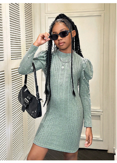 Tween Girls' Casual Solid Color Knitted Stand Collar Long Sleeve Dress Carousel 3