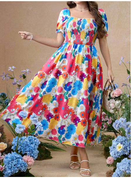 Plus Size Women Elegant Floral Print Short Sleeve Maxi Dress Carousel 3