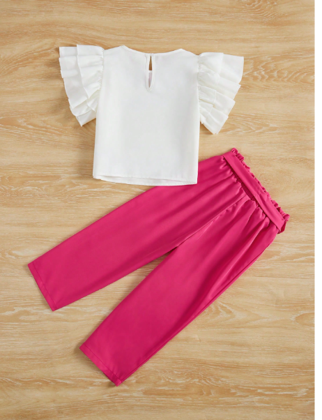 Young Girl Bow Front Ruffle Trim Top & Paperbag Waist Pants Carousel 1